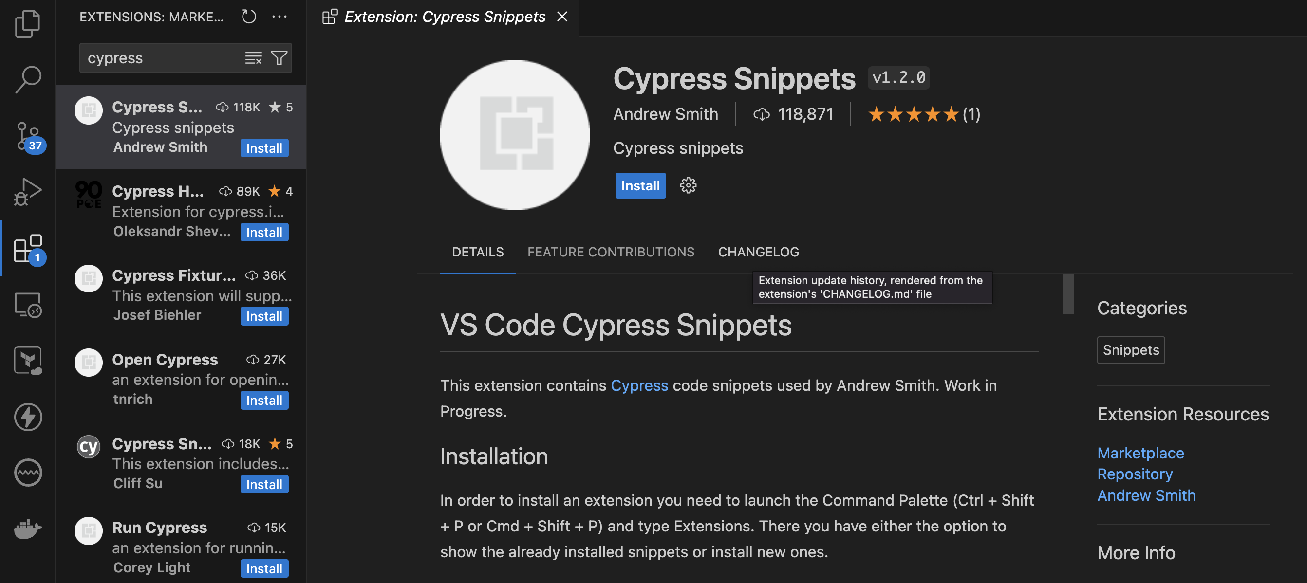 VS code extension for cypress