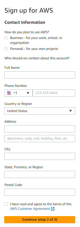 AWS Create account Step 3