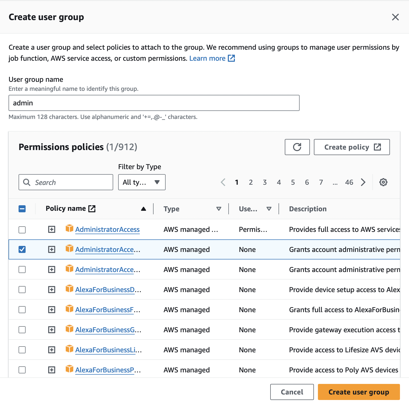 AWS create user group and attach policy