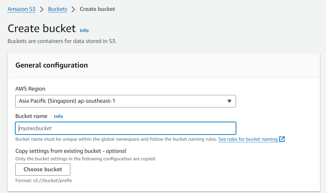 AWS S3 Create New Bucket Step 1