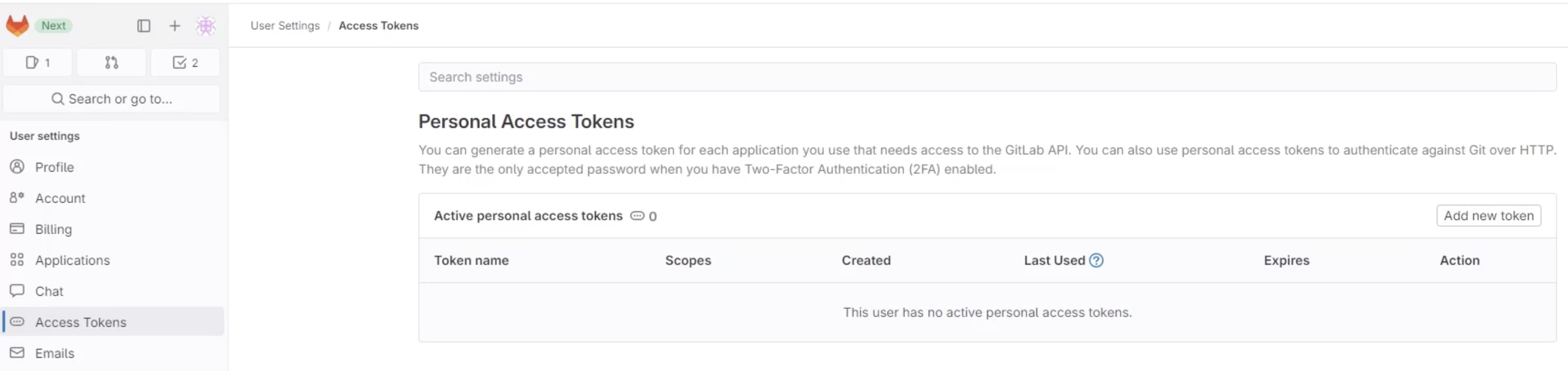 Gitlab new personal access token