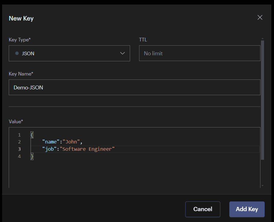 RedisInsight Add New Key JSON