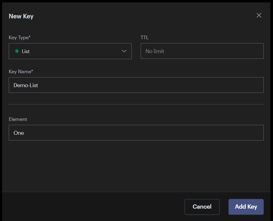 RedisInsight Add New Key List