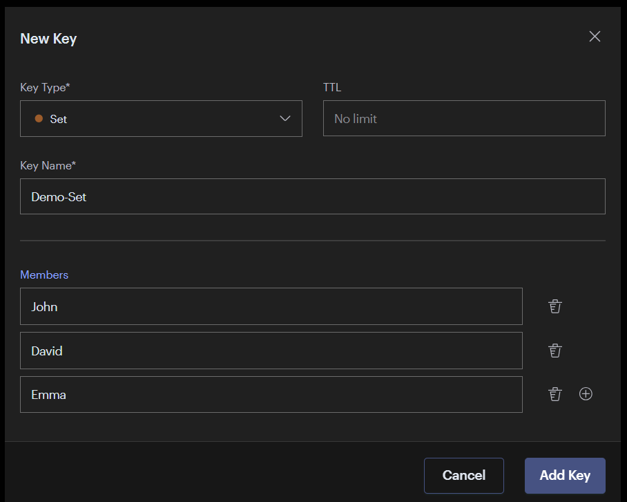 RedisInsight Add New Key Set