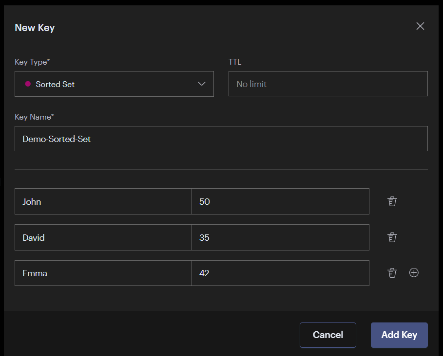 RedisInsight Add New Key Sorted Set