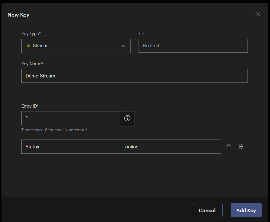 RedisInsight Add New Key Stream