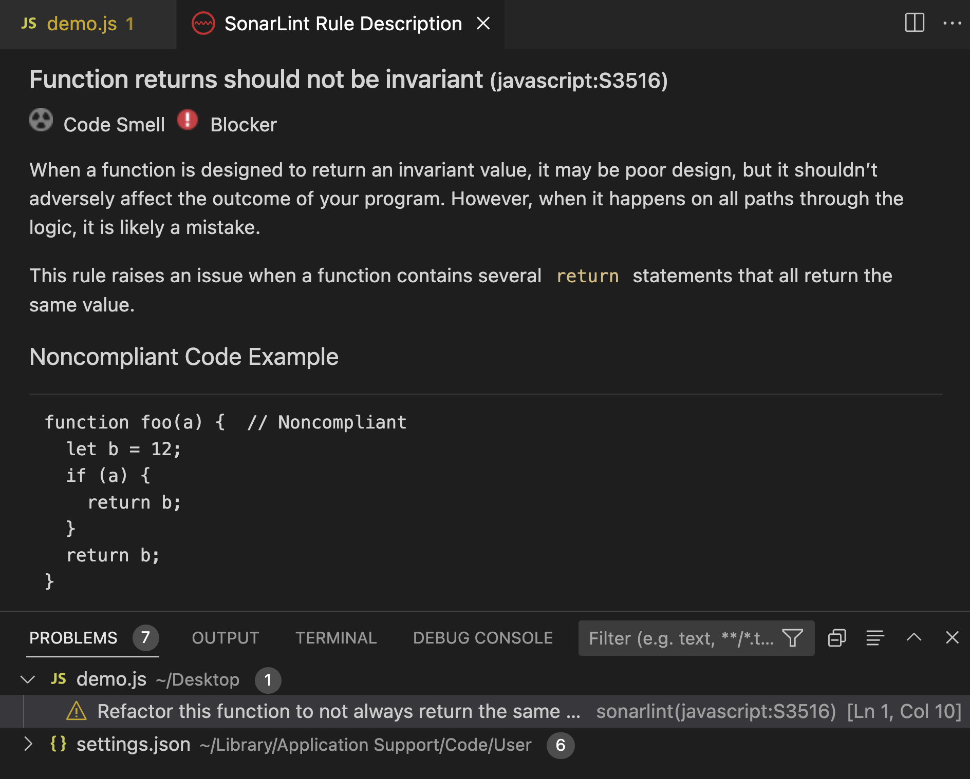 Open description of sonarlint rule