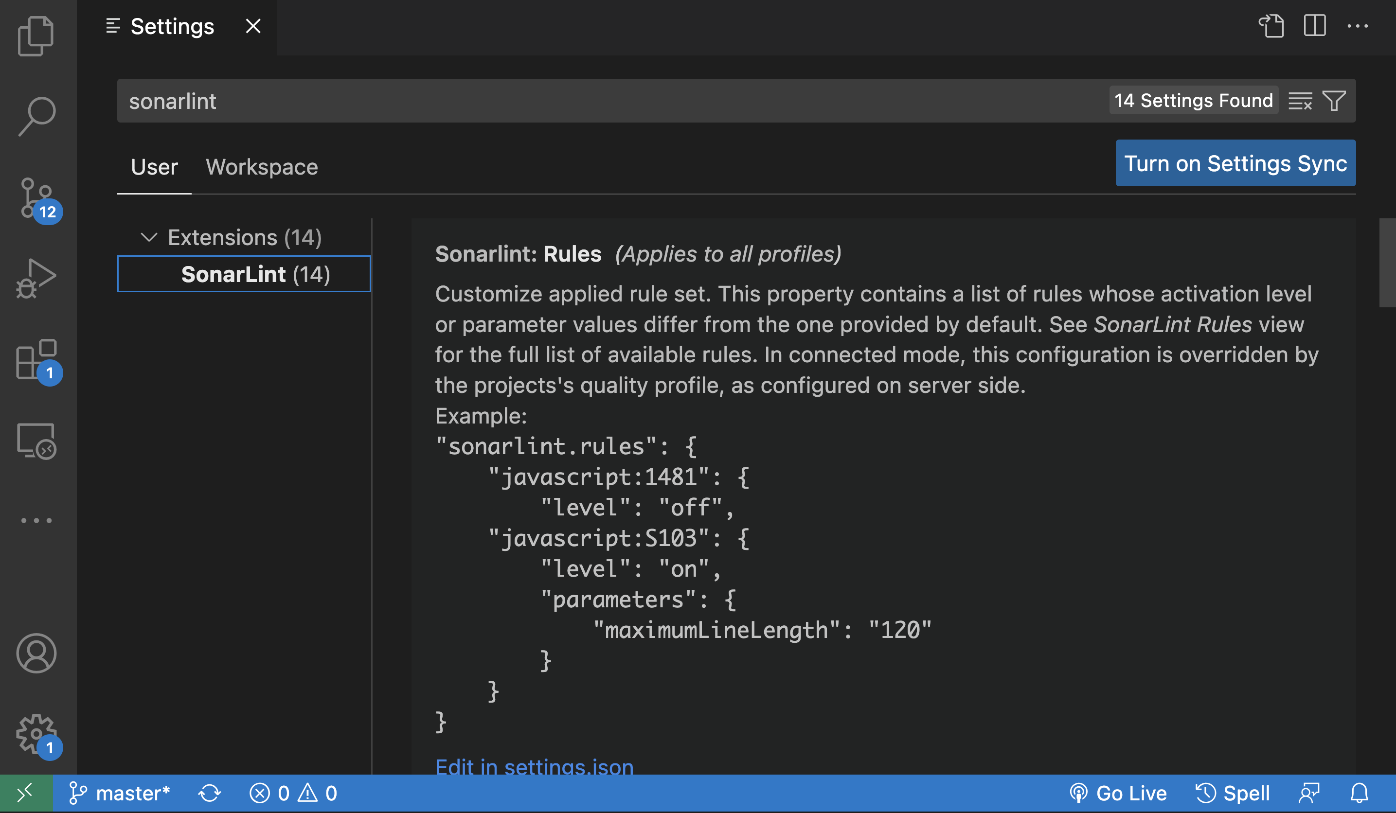 VS Code Settings page